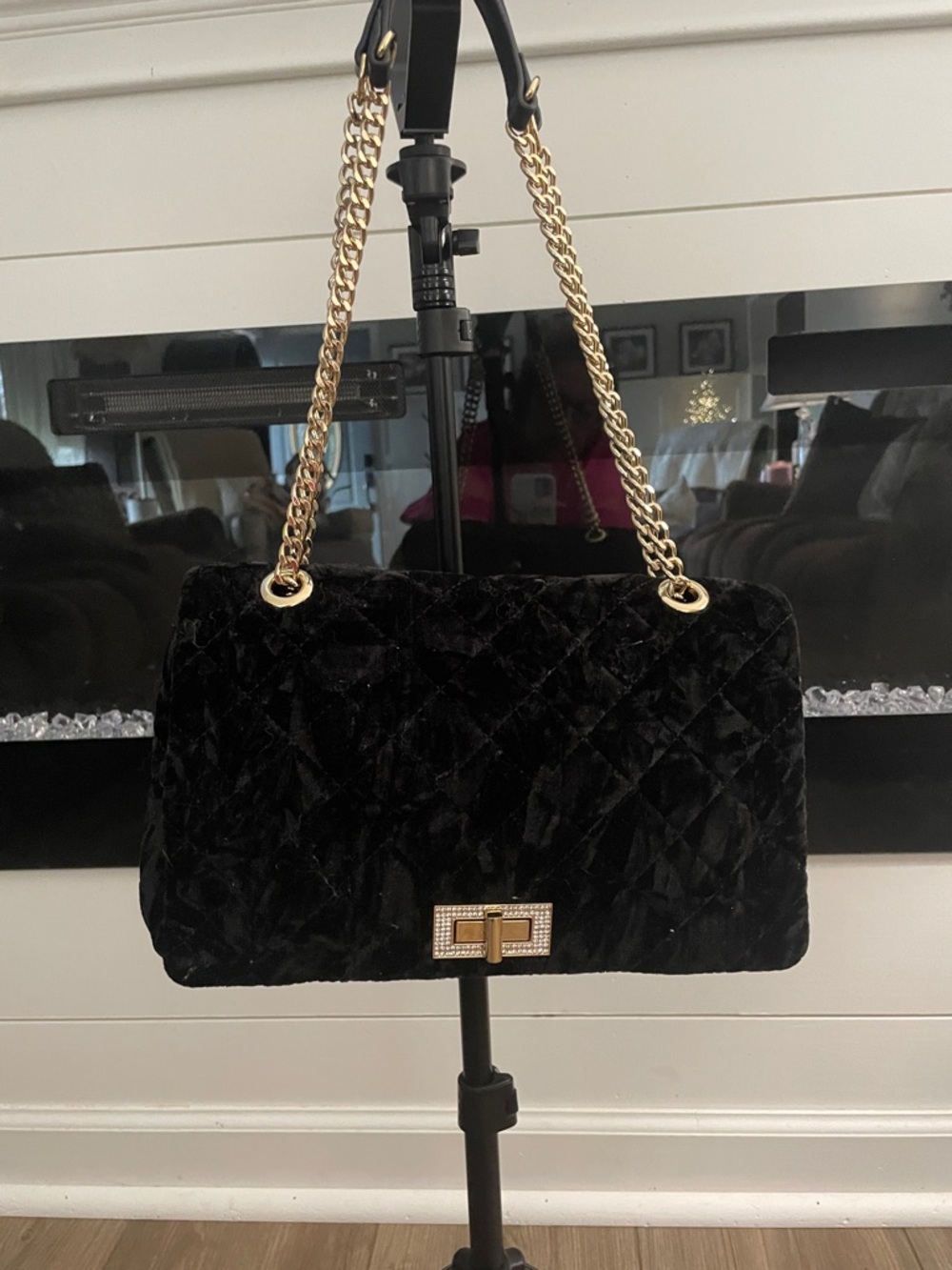 Black Quilted Velvet Shoulder Bag with Gold Chain